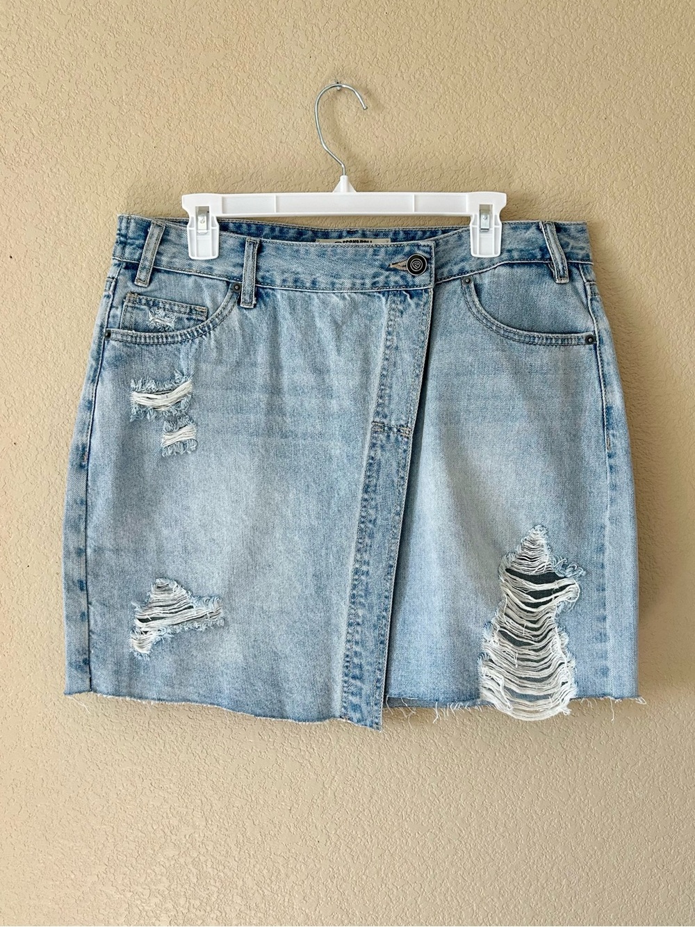 NWT Light Wash Distressed Denim Wrap Mini Skirt 32” Waist